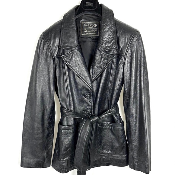 Vintage 90s 2000’s ‘Oakwood Classics’ Collared Leather Jacket in Black - Small - Picture 1 of 6